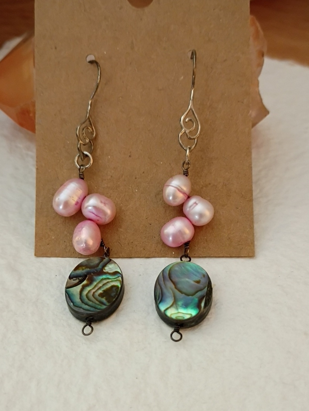 Handcrafted Abalone & Pink Pearl Drop Earrings